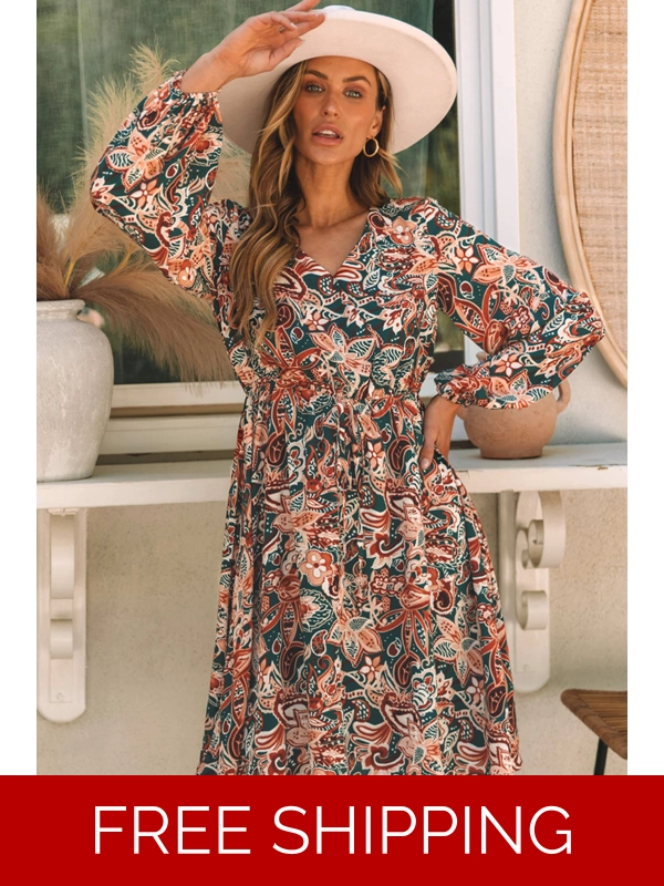 Brown Geometric Print Long Sleeve Surplice Flowy Dress